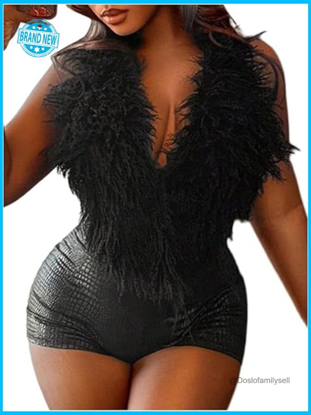 Faux Fur Halter Romper Deep V Neck Backless Date Night Jumpsuit Slim Fit Bodycon